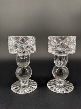 Vintage Block Crystal Candlestick Holders Set of 2 6" Cut Crystal Candle Holders